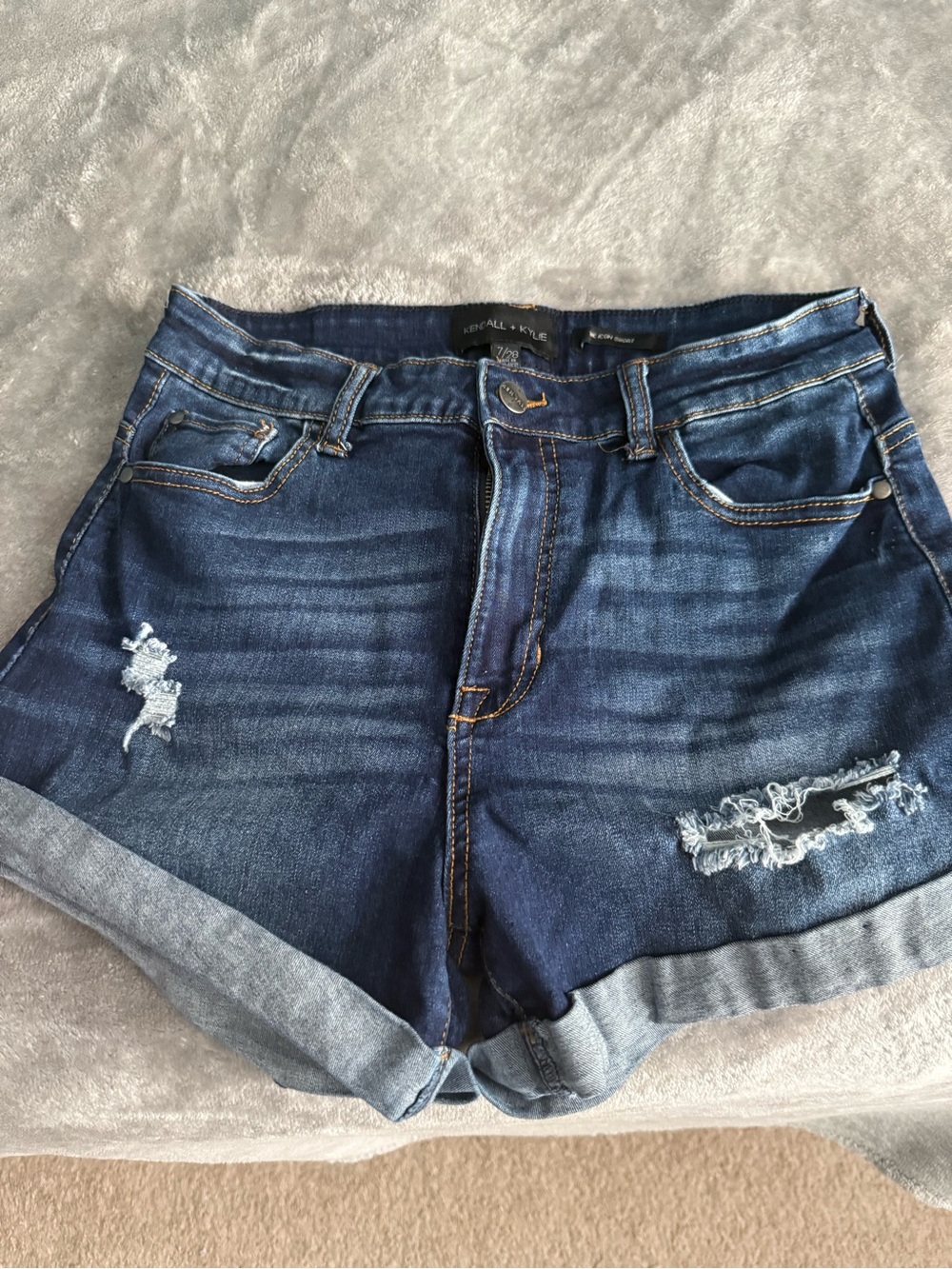 High-Rise Distressed Denim Shorts - Dark Blue